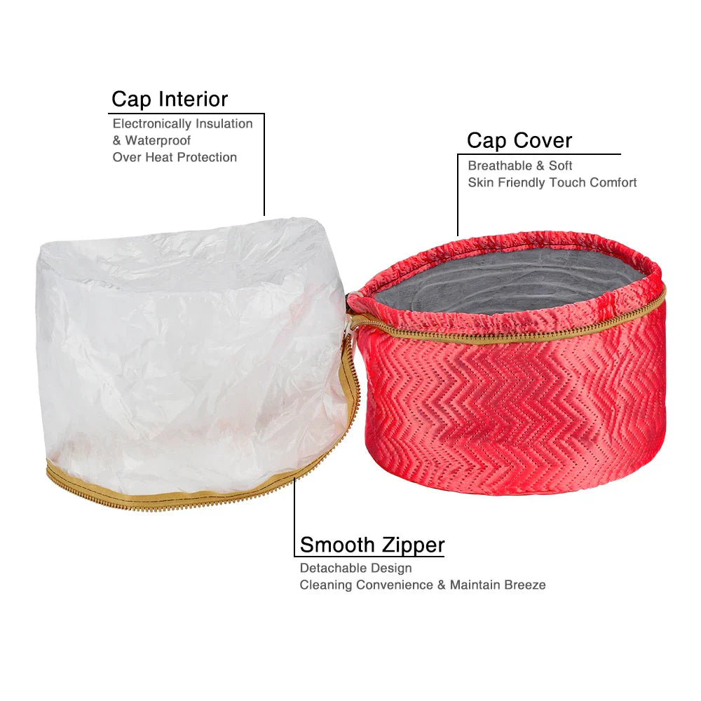 Electric hair steamer cap with breathable soft cover, waterproof insulated interior, and detachable zipper for easy cleaning and comfort.