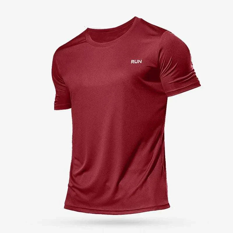 Men’s red quick-dry compression sport t-shirt with breathable fabric and muscle-supporting fit for running and workouts