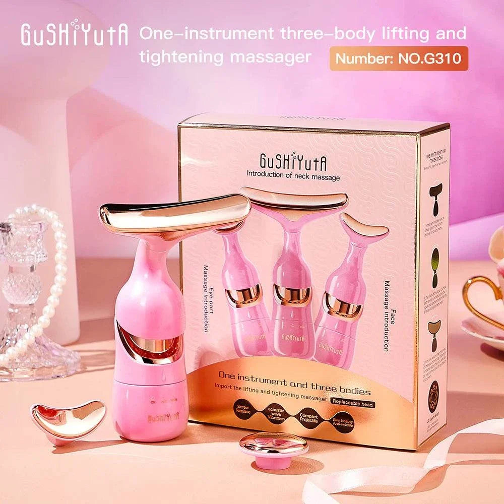 3-in-1 Facial Lifting Device with EMS microcurrent technology for neck, face, and eye massage, featuring LED light therapy and portable design