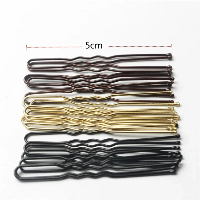 50 pieces of 5cm U-shaped metal hair pins in black, gold, and bronze with waved grip design for secure hold and elegant styling