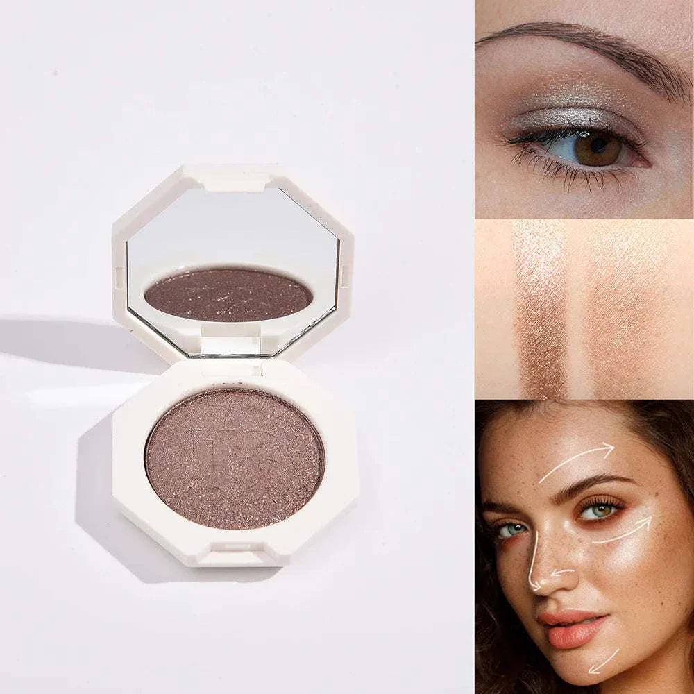 Compact face and body shimmering highlighter makeup palette with a smooth, blendable texture and radiant pink glow shown applied on eyes and skin.