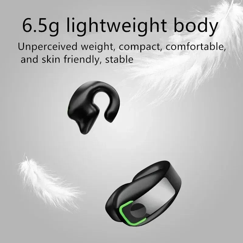 Lightweight black Bluetooth clip-on bone conduction earphone with compact ergonomic design and feather symbolizing comfort and stability