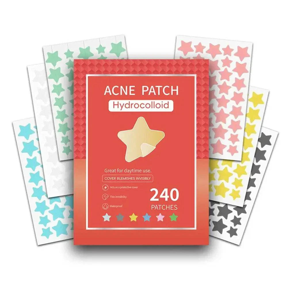Colorful star-shaped hydrocolloid acne patches in vibrant blue, green, pink, yellow, and black colors with resealable red packaging containing 240 patches for targeted pimple treatment.
