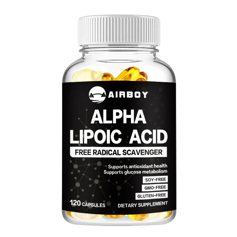Bottle of Airboy Alpha Lipoic Acid dietary supplement capsules supporting antioxidant health and glucose metabolism