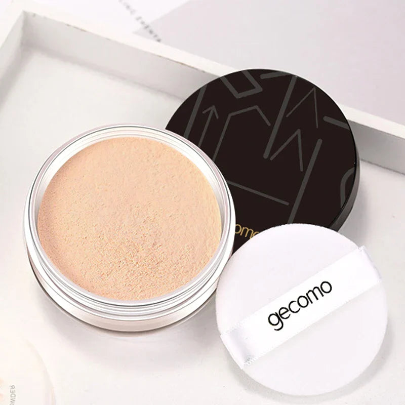 Gemeng Powder Makeup loose setting powder in warm honey shade with compact case and applicator puff