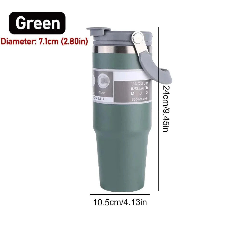 Green 30oz vacuum insulated cup with handle, stainless steel double-layer design, 24cm height, 10.5cm width, leak-resistant lid, durable and portable.