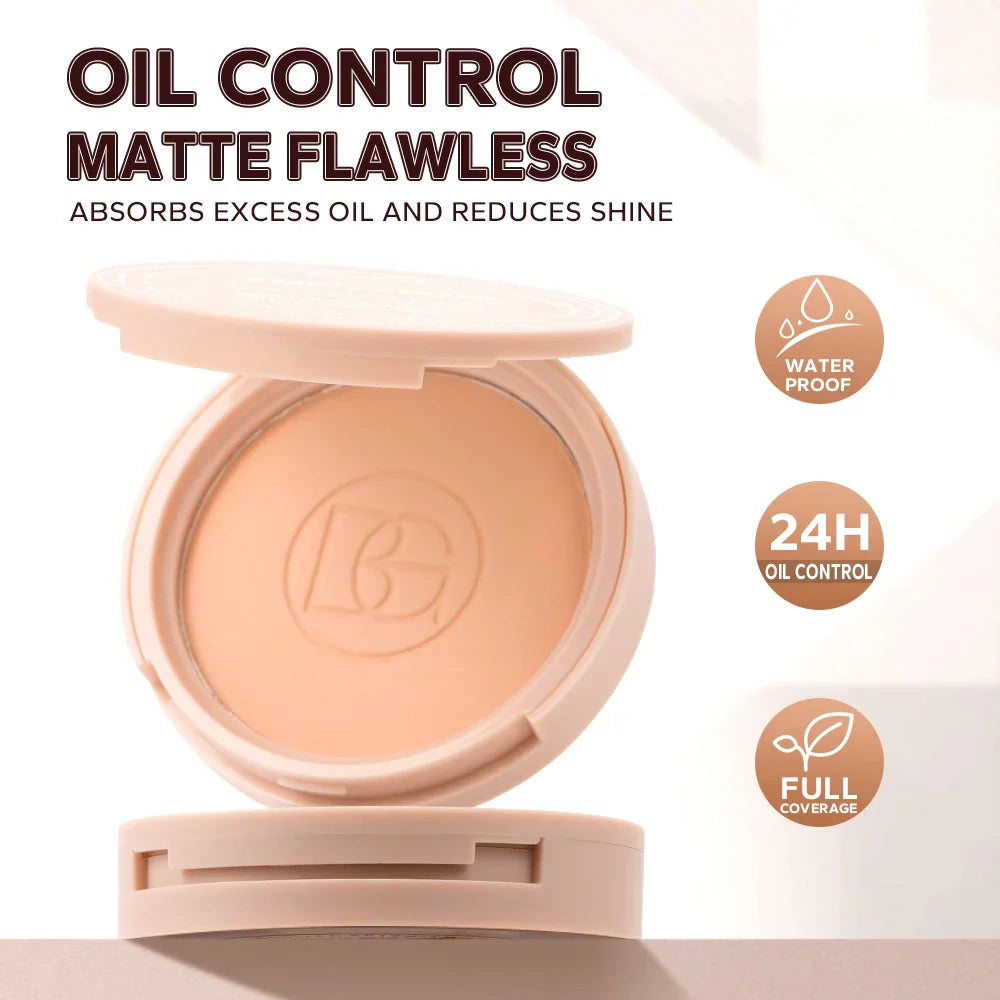 BEAUTY GLAZED Oil Control Matte Face Powder compact with oil control, matte finish, and waterproof formula icons