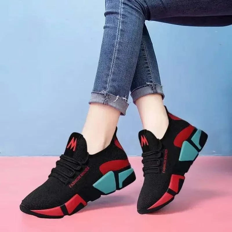 Stylish lightweight women's shoes with breathable material and durable sole in black with red and turquoise accents