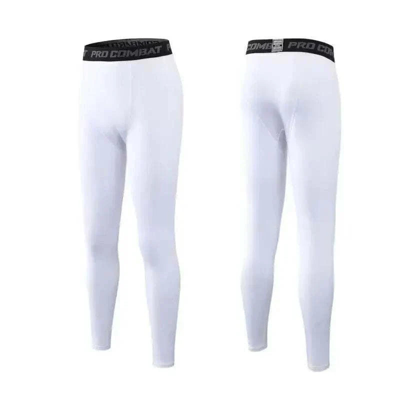 White men's compression workout tights front and back view with black Pro Combat waistband designed for muscle support and breathable performance.