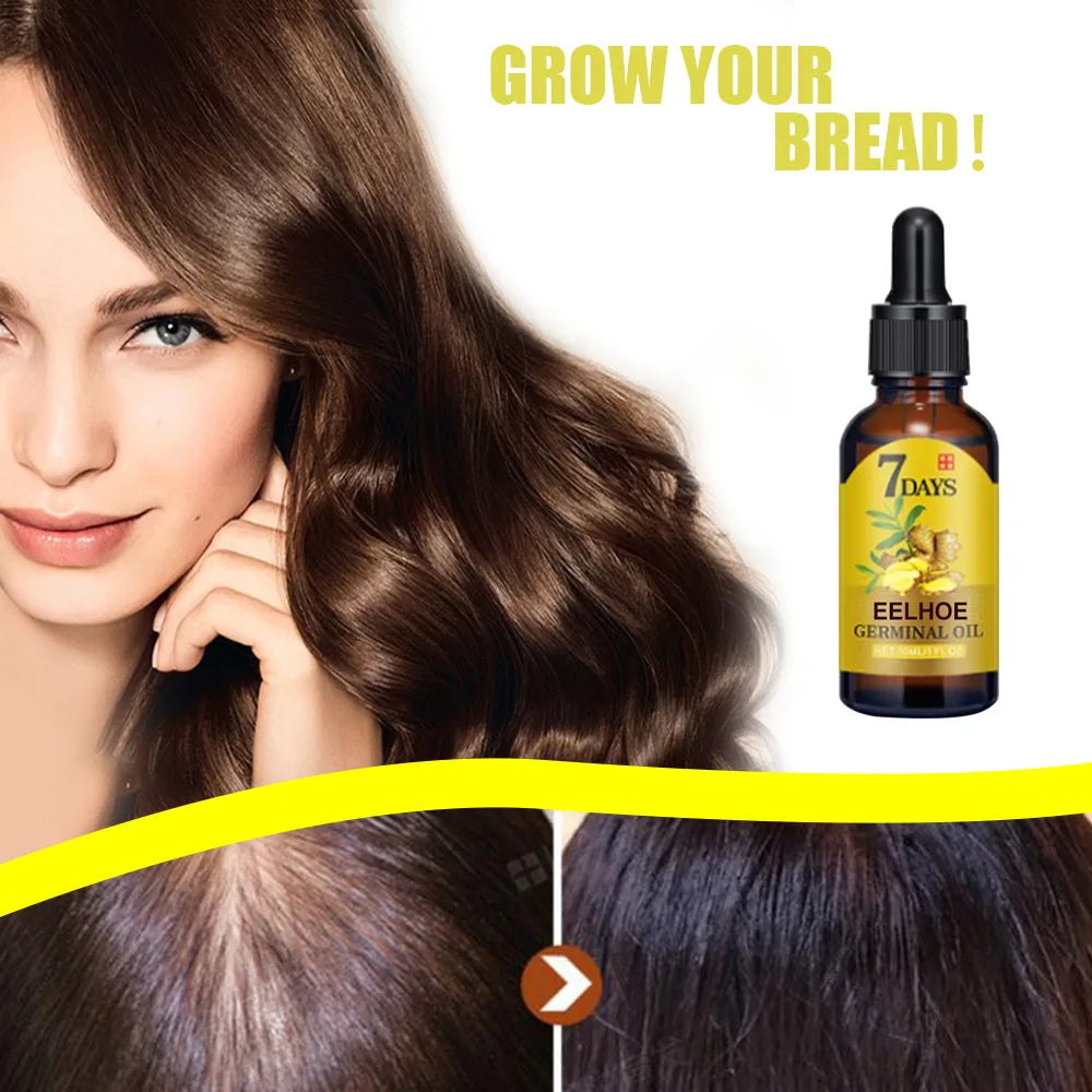 EELHOE Ginger Hair Growth Oil bottle with woman showing thick hair and before-after hair growth results