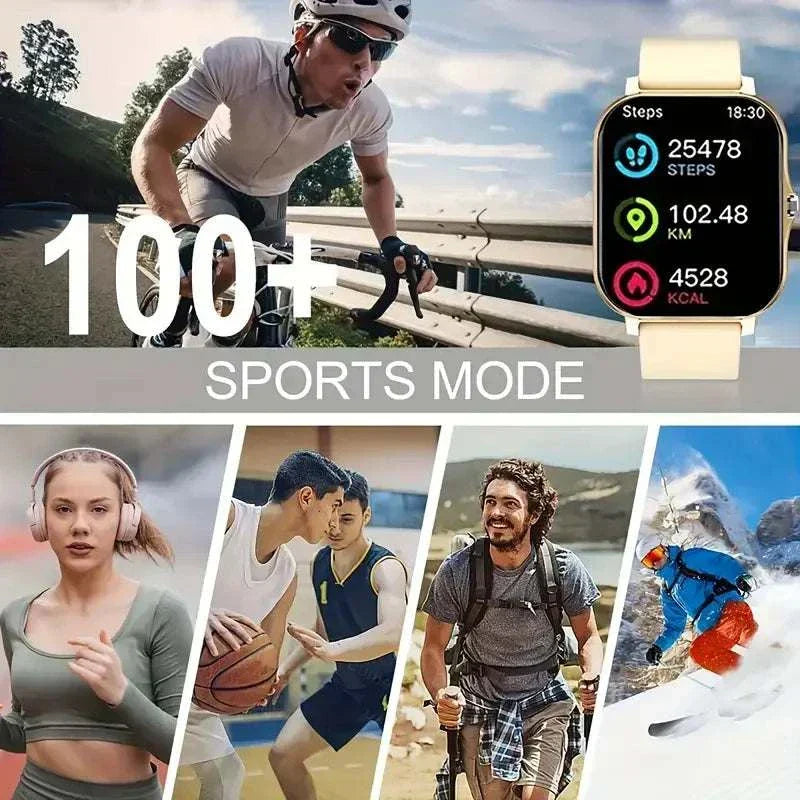 KESHUYOU 2025 Smart Watch showing sports mode tracking steps, distance, and calories with images of cycling, running, basketball, hiking, and skiing activities.