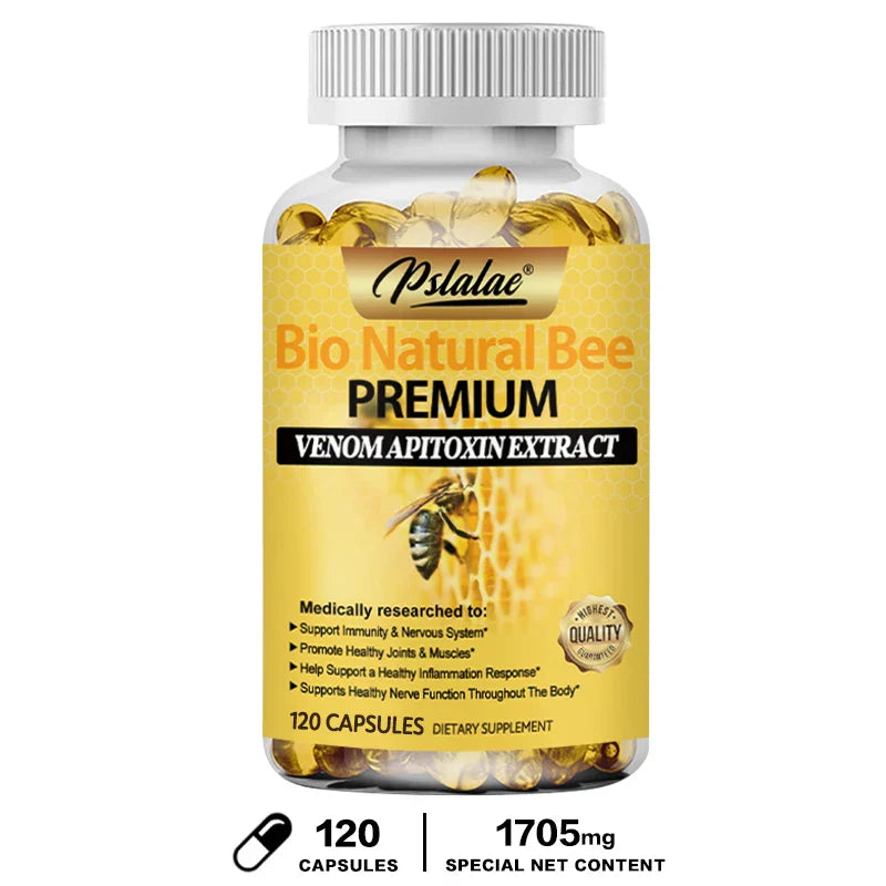 Bottle of Pslaae Bio Natural Bee Premium capsules with venom apitoxin extract for joint relief, bone health, and immunity boost, containing 120 capsules.