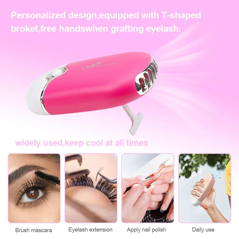 Compact pink USB Mini Eyelash Fan drying lash glue quickly and evenly with hands-free T-shaped broket and portable design