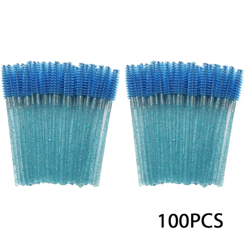 100 disposable mascara and eyebrow brushes with blue spiral bristles in bulk pack
