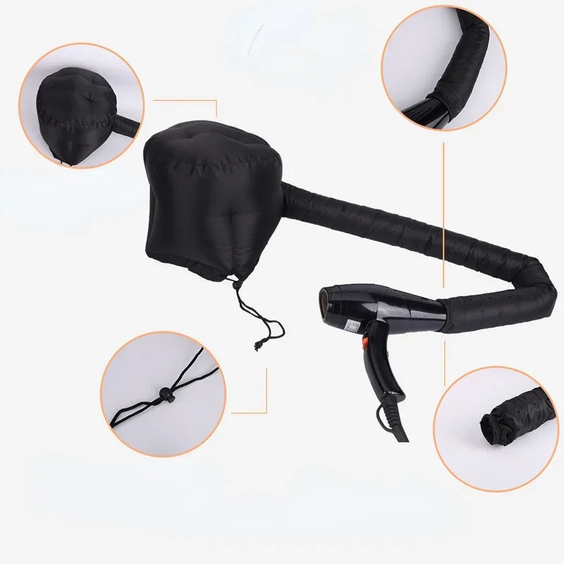 Portable Hair Bonnet Dryer Cap with adjustable drawstring, compatible with handheld hair dryers for deep conditioning and quick drying.
