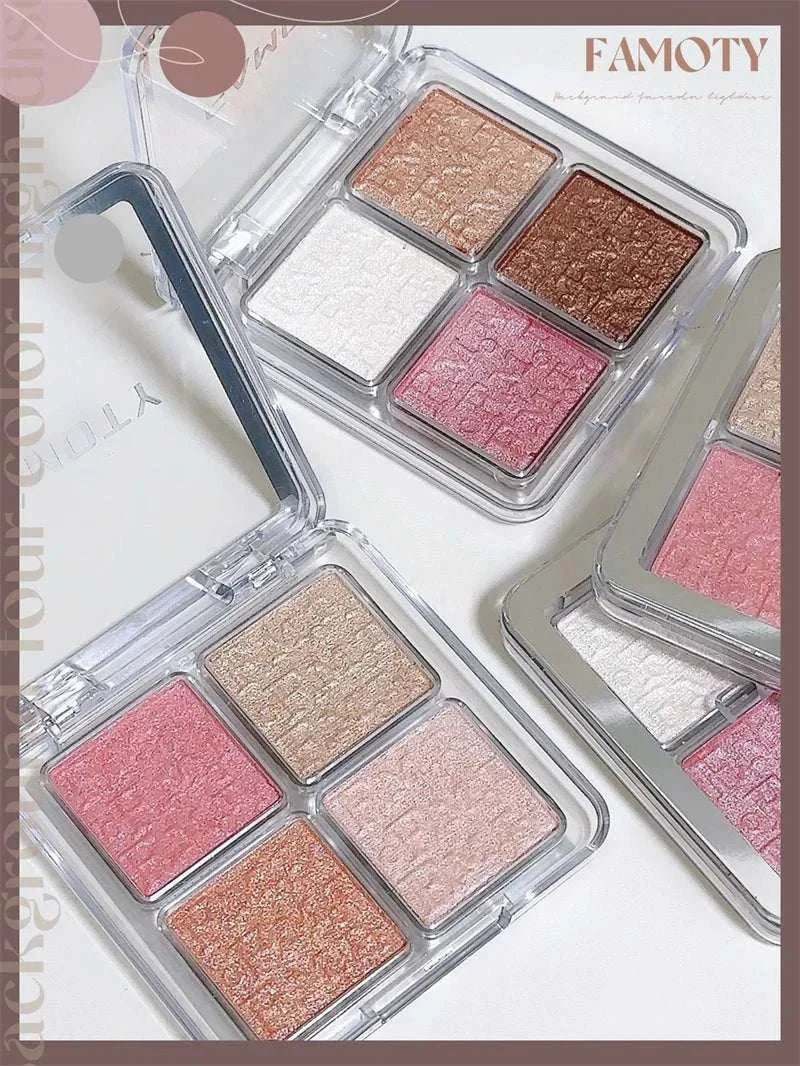 4 Colors Diamond Highlighter Powder Palette with shimmering bronze, pink, white, and peach shades in a compact case