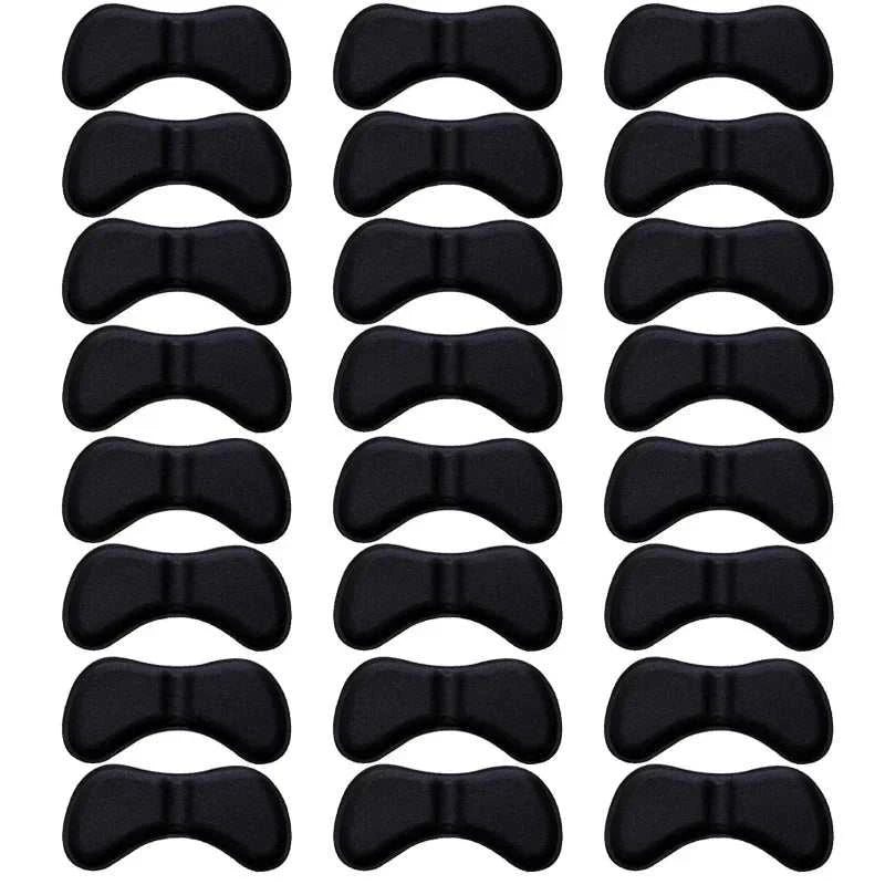 Set of 50 black heel insoles patches for pain relief, cushioning, and heel protection with self-adhesive backing and universal fit