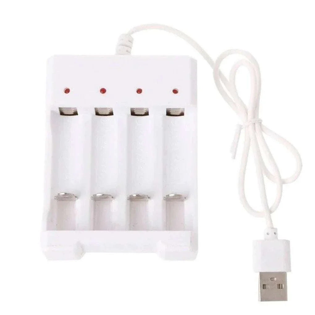High-speed USB rechargeable battery charger with 4 slots for AA and AAA batteries, compact and USB-powered design.