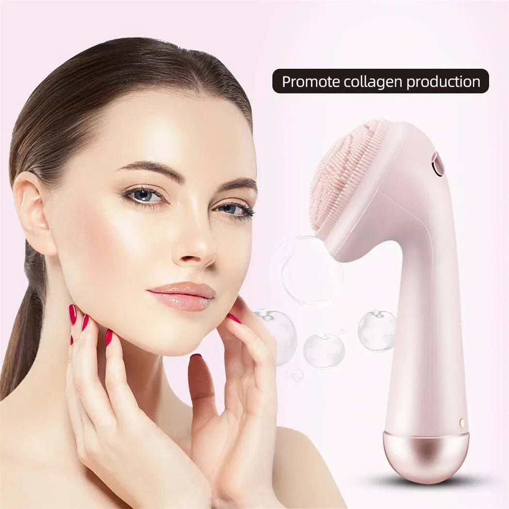 Electric silicone facial brush cleaner with vibration roller for deep pore cleansing and skin massage.