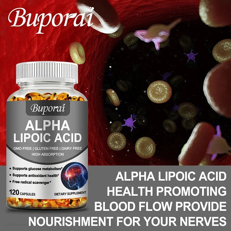Bottle of Buporai Alpha Lipoic Acid 600mg capsules with antioxidant support and health benefits for blood flow, nerve nourishment, and glucose metabolism.
