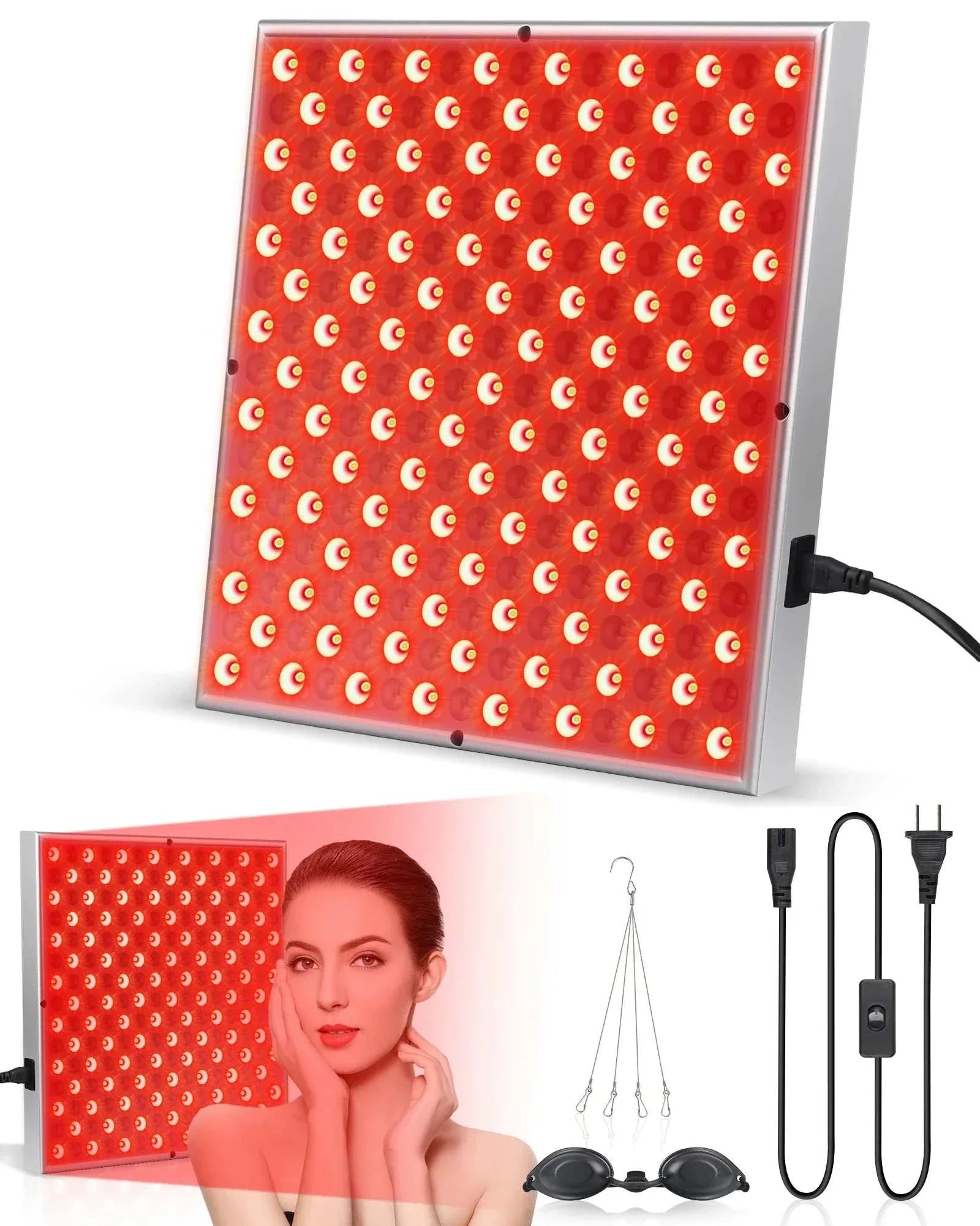 45W LED red light therapy panel lamp with 225 LEDs for anti-aging, skin care, and pain relief, shown with power cord, hanging hooks, and protective goggles.