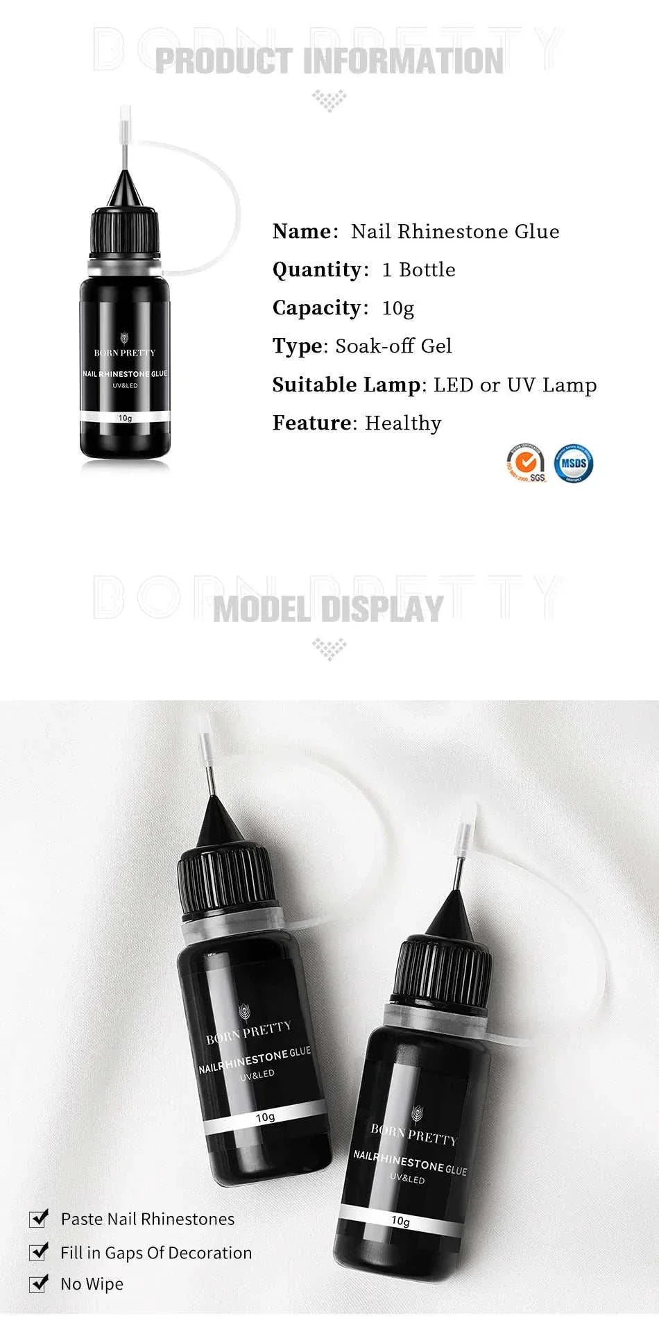 BORN PRETTY 10g gel nail glue bottle for rhinestones with fine brush applicator, black packaging suitable for LED or UV lamp curing.