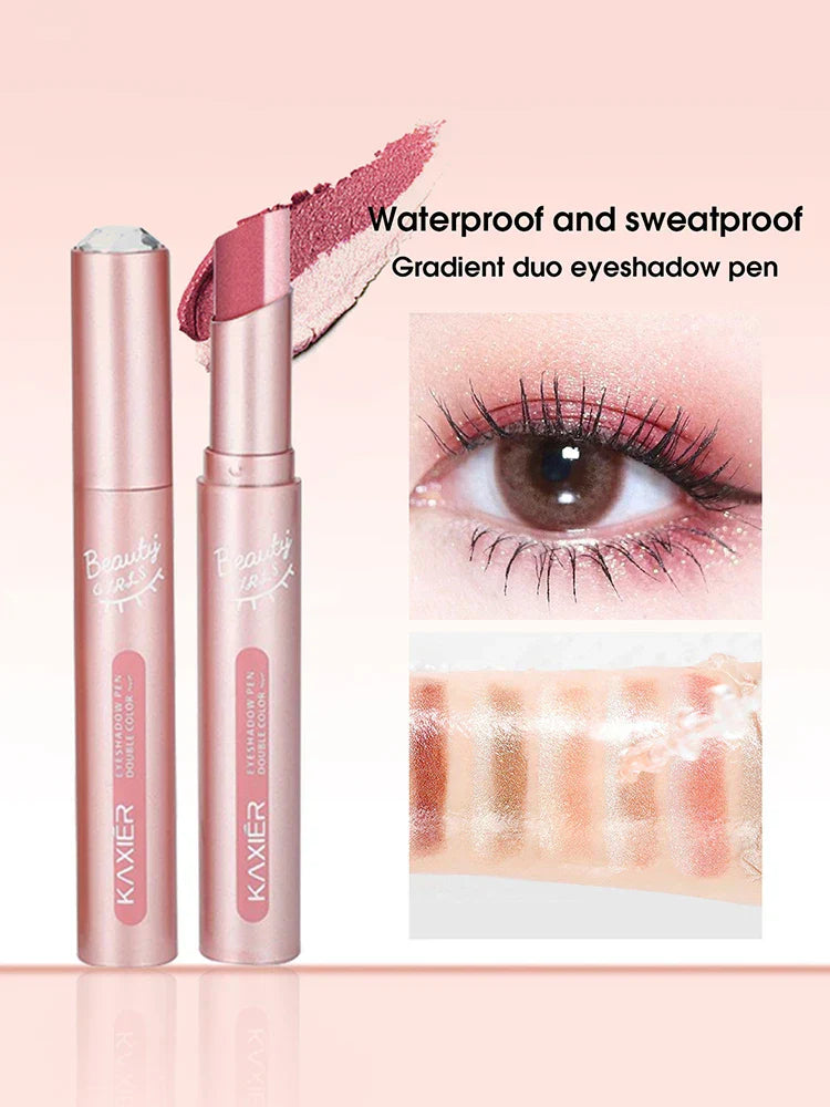 Gradient Two-Color Eye Shadow Pen in rose gold with waterproof, dual-shade pearlescent shimmer and smooth application displayed with eye makeup look and swatches
