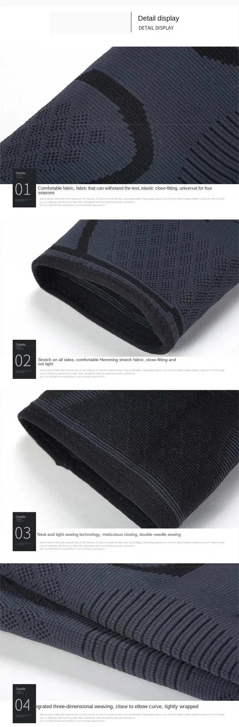 Elastic elbow support sleeve showing detailed breathable, flexible, and durable compression fabric for sports and fitness use