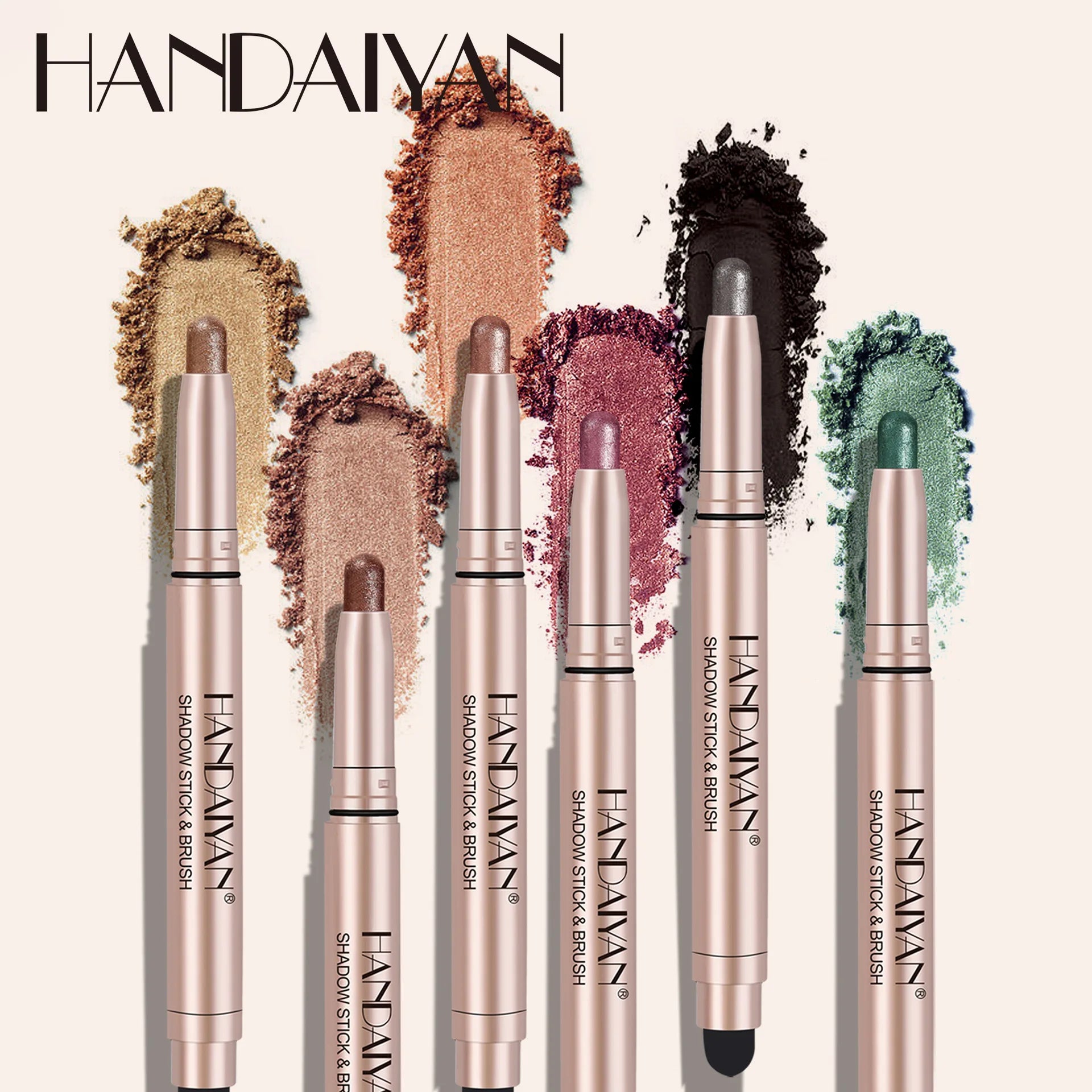 Handaiyan highlighting eye shadow sticks in multiple shimmering shades with smooth creamy texture and built-in brush.