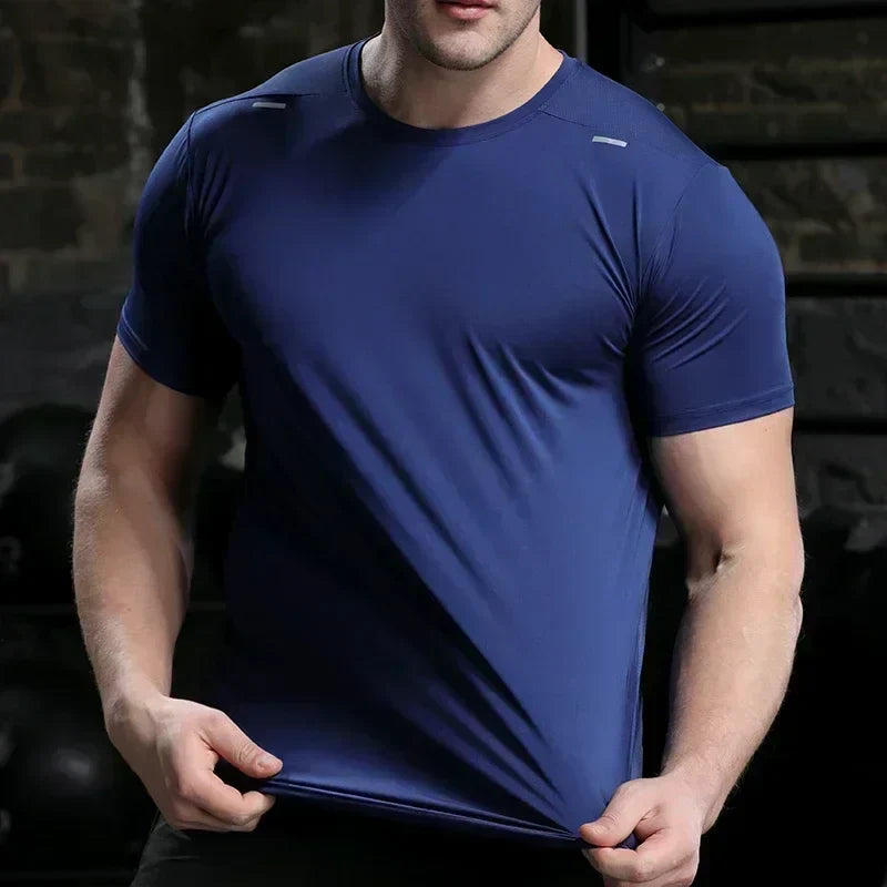 Men's summer loose breathable quick-dry fitness t-shirt in blue for cycling running gym workouts