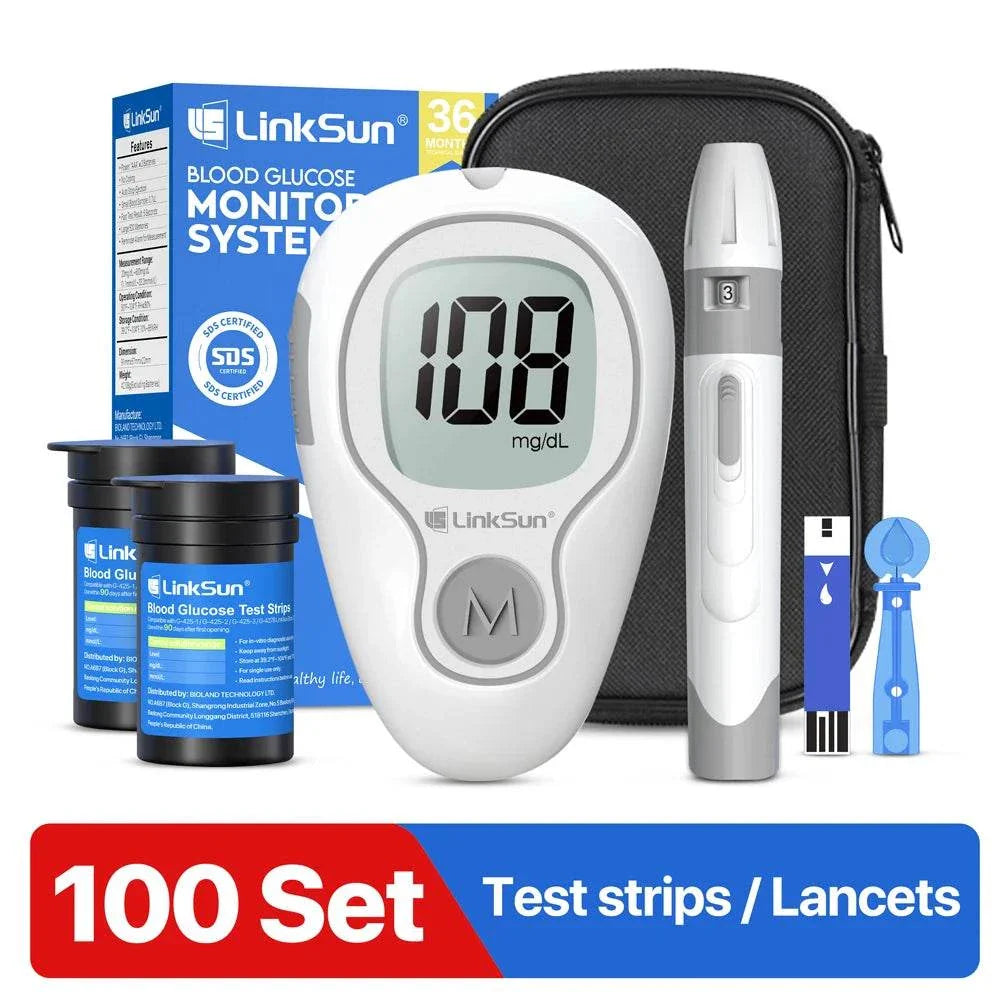 LinkSun Blood Glucose Meter kit with large LCD, 100 test strips, lancets, portable case, fast and accurate glucose monitoring for diabetes management