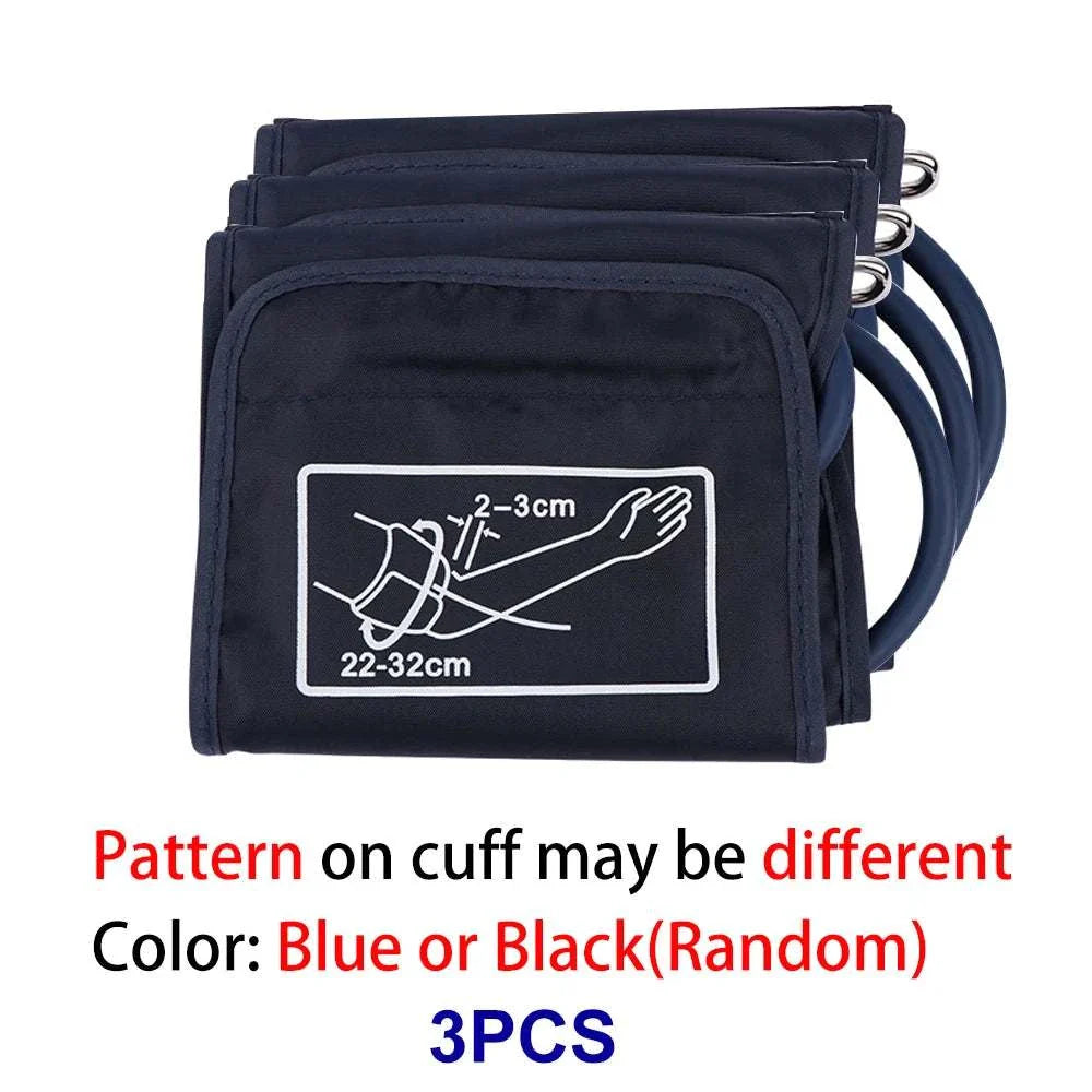 Set of three replacement arm cuffs in blue or black for digital blood pressure monitors, sizes 22cm, 32cm, and 42cm with secure hook-and-loop closure.