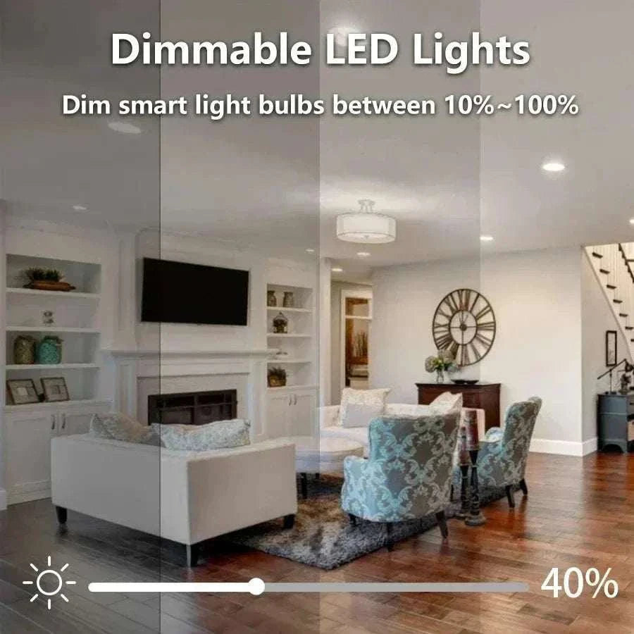 Living room with modern furniture showcasing dimmable LED lights controlled at 40% brightness using E27 E26 Tuya Smart Bulb
