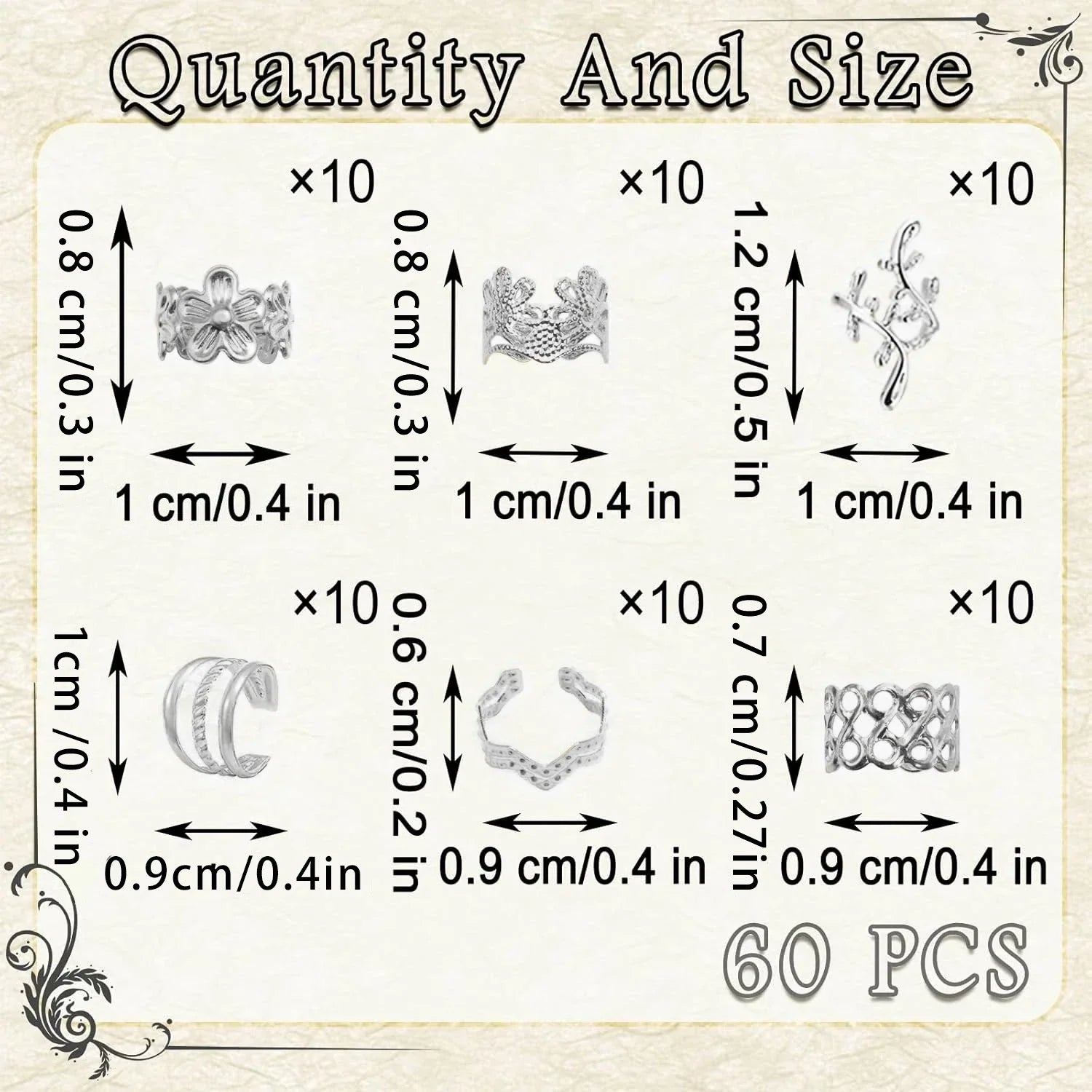 60-piece gold hair jewelry set for braids with various clip, cuff, and ring designs in multiple sizes