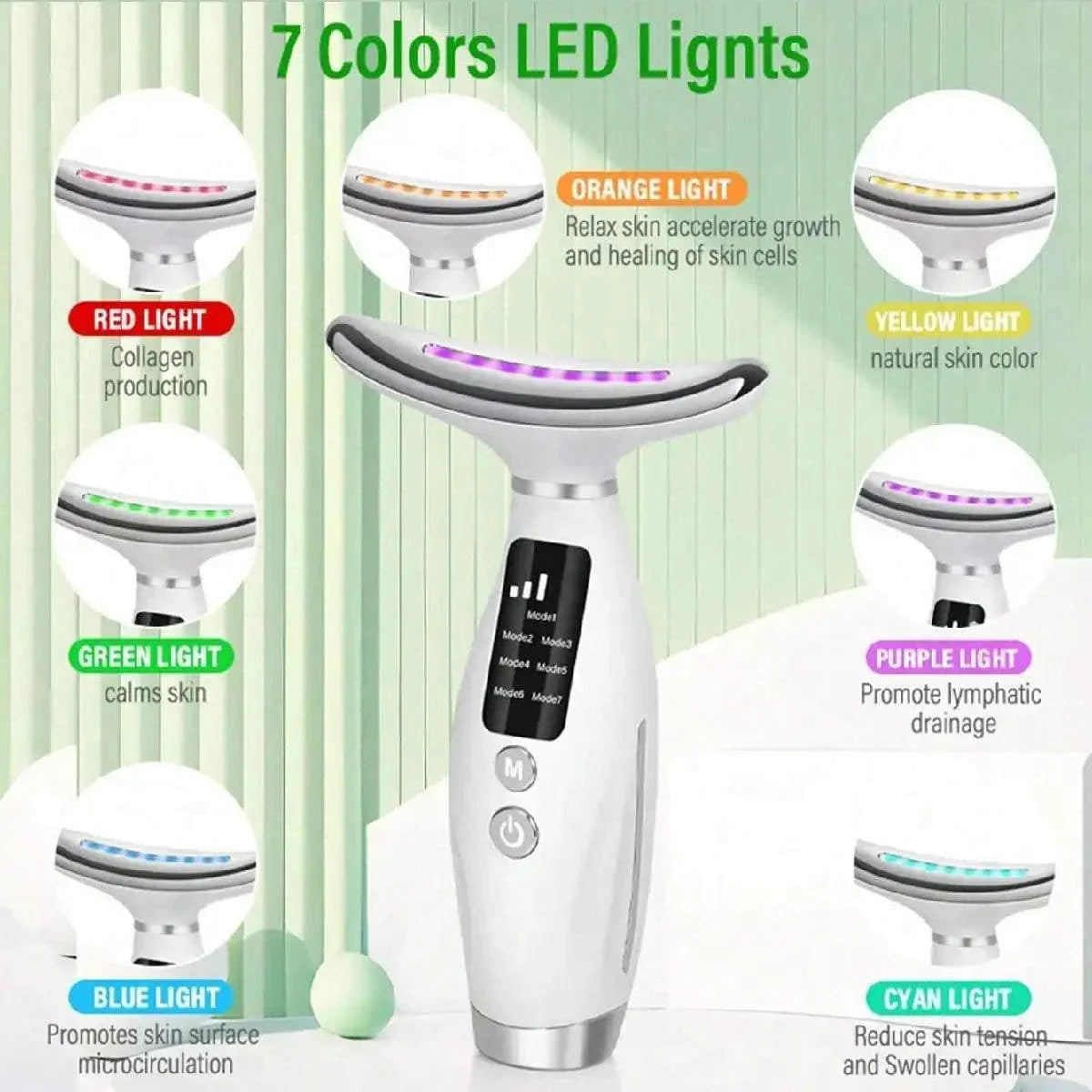 Colour Light Face & Neck Beauty Instrument with 7 LED light therapy modes and ergonomic grip for skin rejuvenation and collagen production.