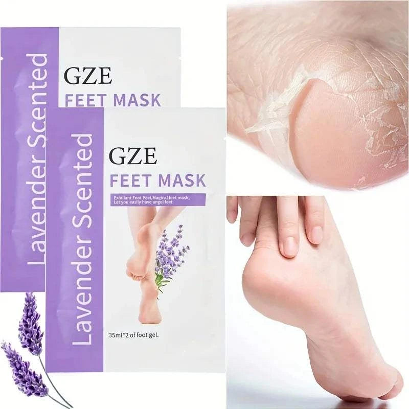 GZE Foot Peel Mask lavender scented packaging with before and after images of peeling dry skin from feet