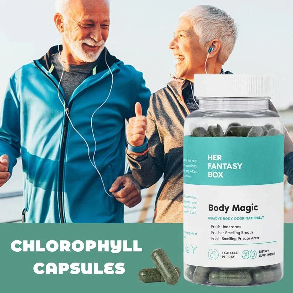 Bottle of Chlorophyll Capsules with two senior adults jogging outdoors promoting natural energy and wellness.