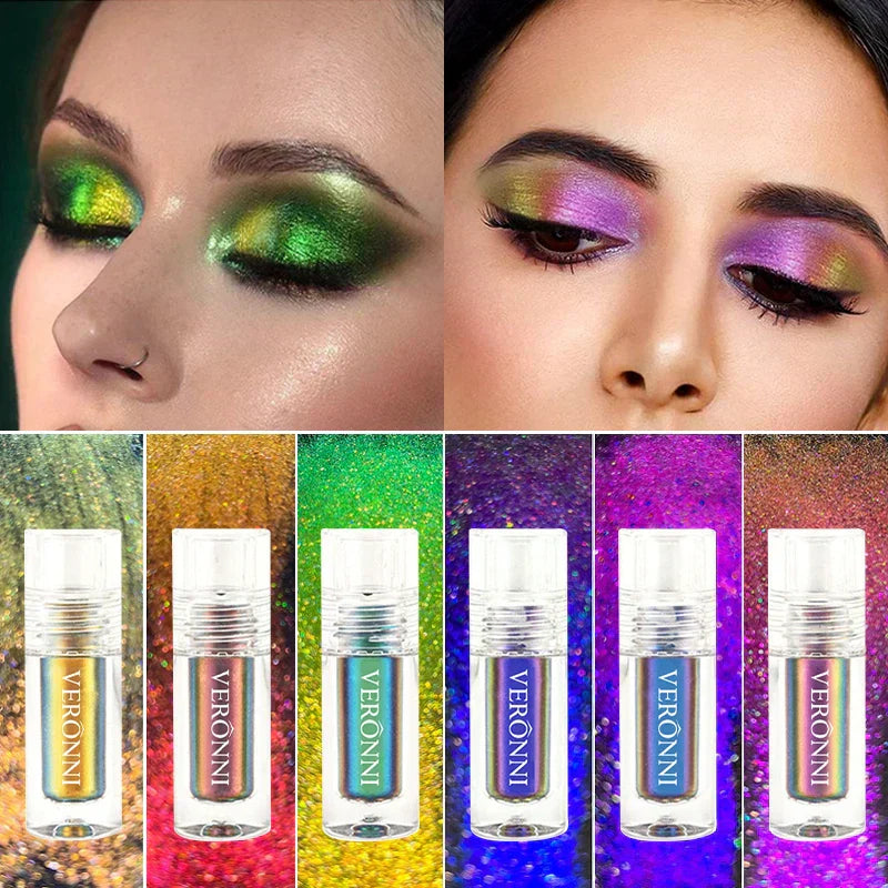 Close-up of eye makeup featuring vibrant green and purple chrome shifting chameleon liquid eyeshadow with corresponding shimmer pigment bottles below