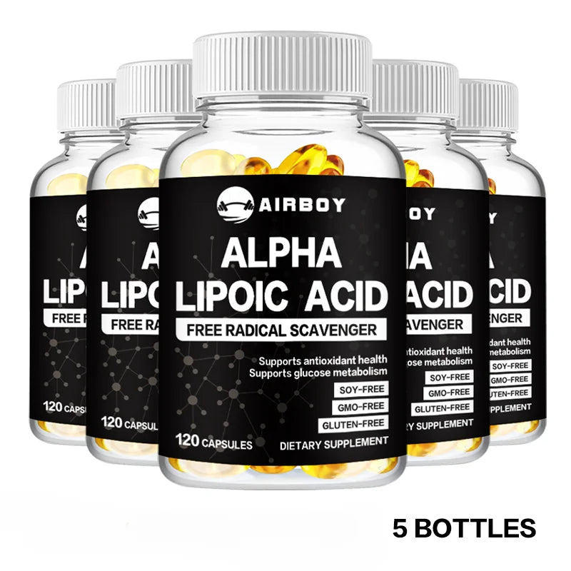 Five bottles of Airboy Alpha Lipoic Acid 600mg capsules supporting antioxidant health and sugar metabolism, soy-free, GMO-free, gluten-free dietary supplement