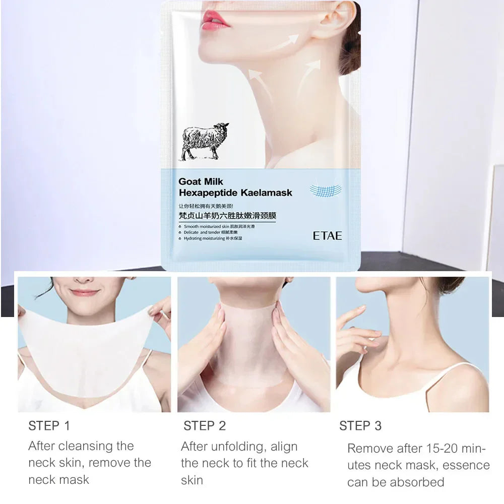 Goat Milk Six Peptides Neck Mask for firming, moisturizing, and collagen boost, reduces wrinkles and tightens neck skin.