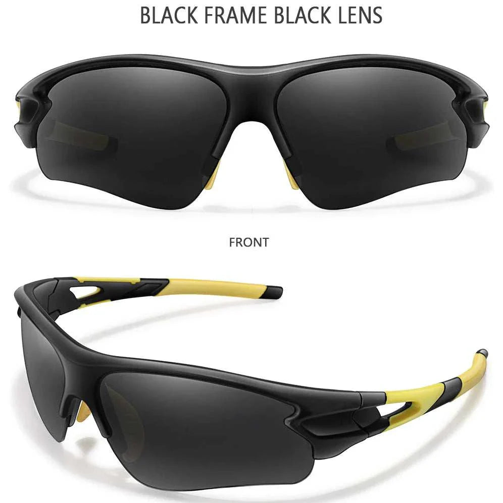 Brand Fashion unisex sporty black frame sunglasses with black lenses, UV400 protection, lightweight and durable design for outdoor sports and activities