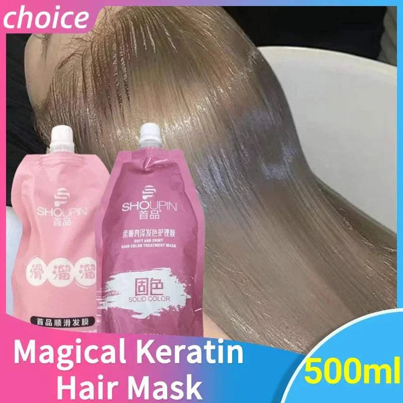 Magical Keratin Hair Mask 500ml with smooth, shiny, and silky hair transformation background