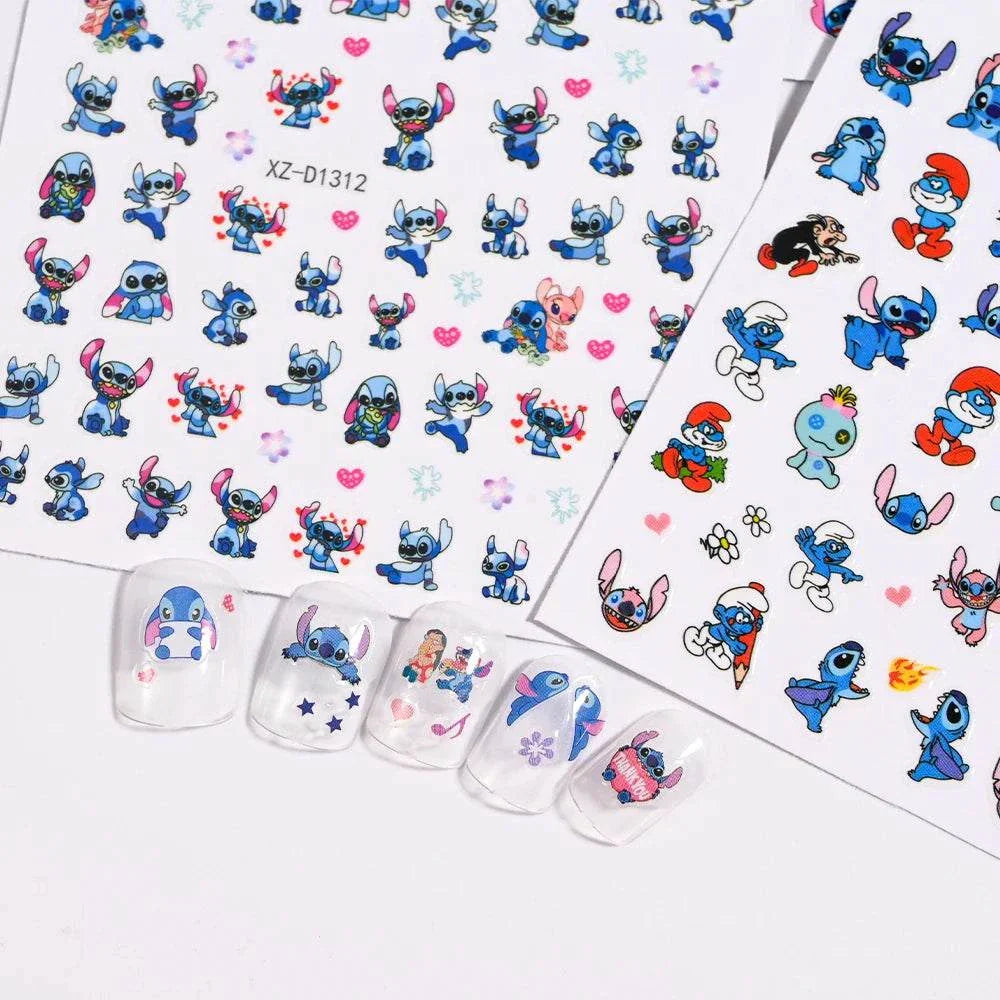 Cartoon Mini Stitch angel-themed nail stickers with various playful designs on clear nail tips and sticker sheets
