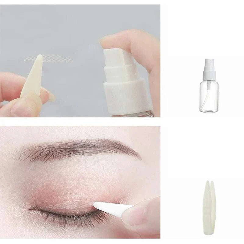 Invisible eyelid lifting tape with applicator and spray bottle for discreet, comfortable eyelid lift and definition.