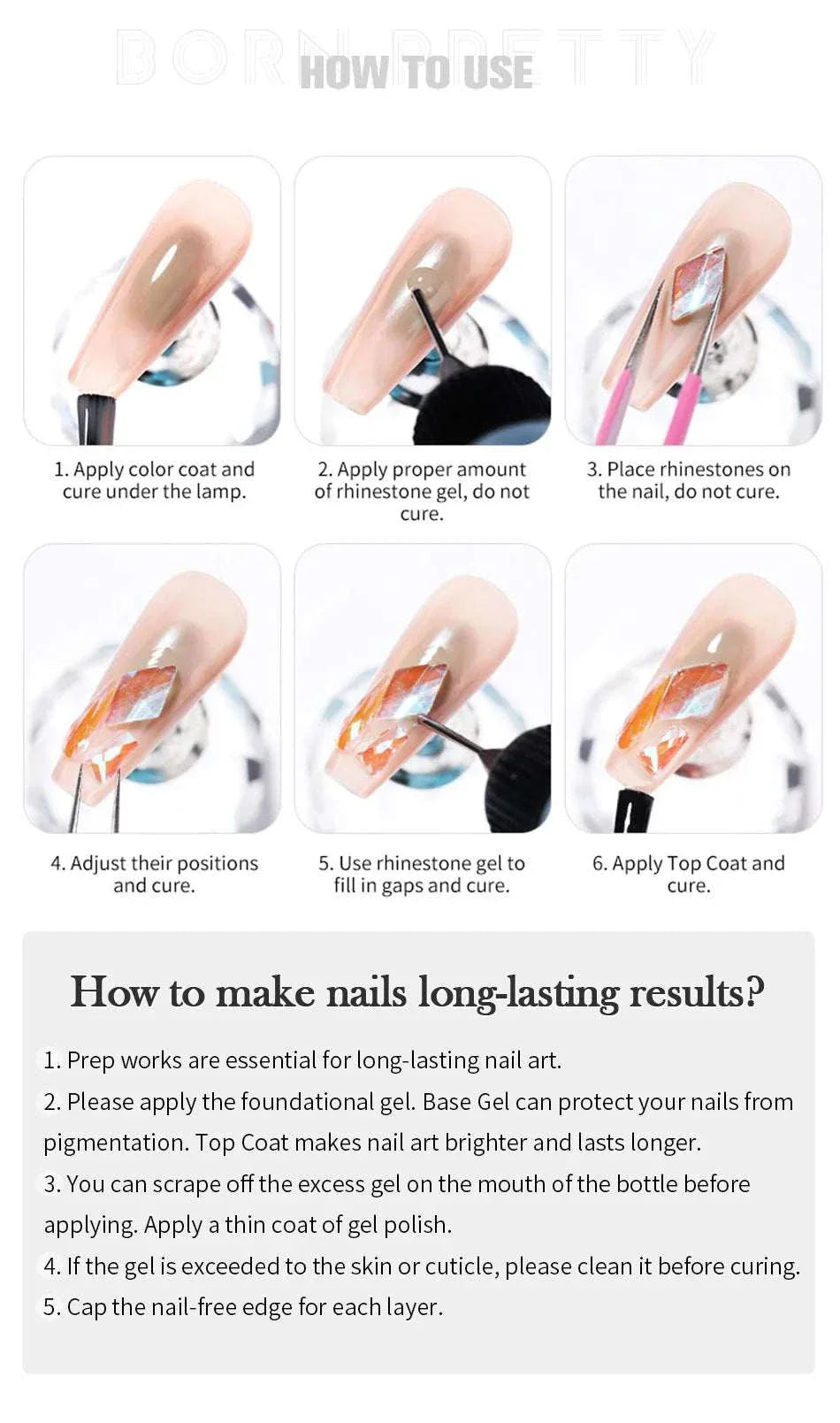 BORN PRETTY 10g Gel Nail Glue for rhinestones showing step-by-step nail art application and curing instructions.