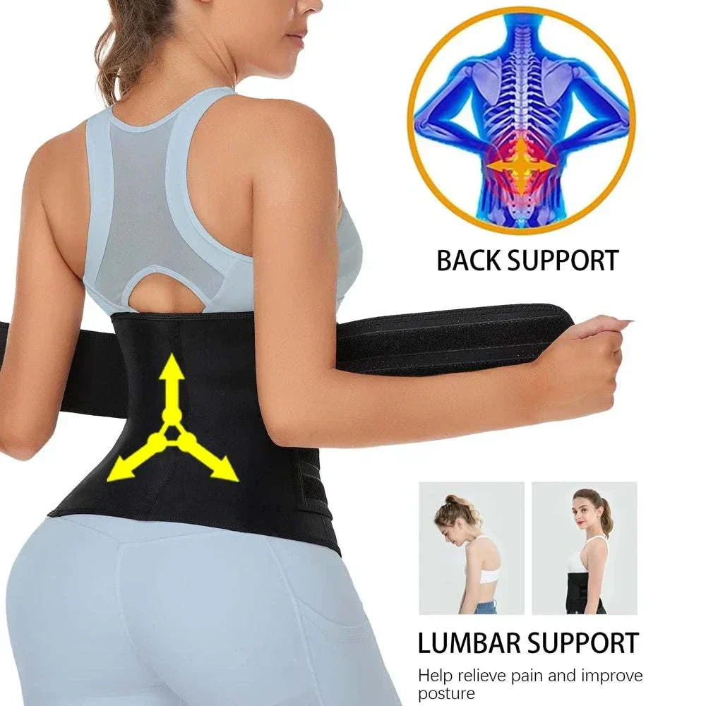Breathable Neoprene Waist Trainer Belt providing back and lumbar support for pain relief and posture improvement during workouts.