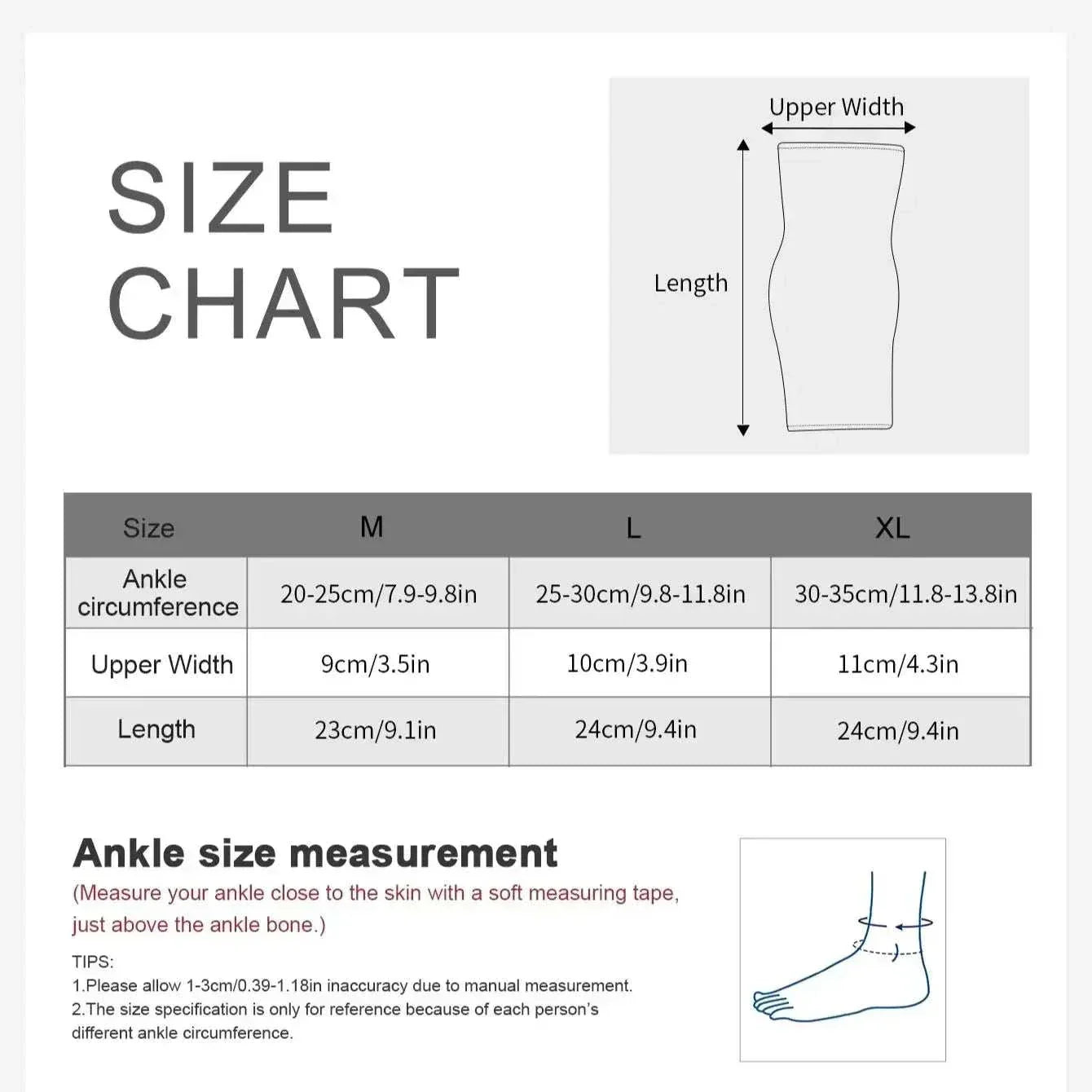 Size chart for pressurized bandage ankle protector showing measurements for medium, large, and extra-large ankle circumferences, upper width, and length with ankle size measurement guide illustration