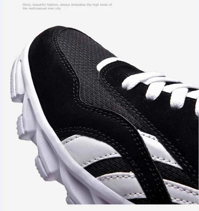 2025 new men's and women's running shoe with breathable mesh upper, cushioned insole, anti-slip rubber sole, and lightweight design in black and white colors