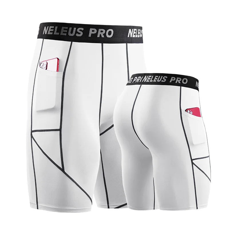 Men's outdoor running shorts with breathable fabric, 4-way stretch, compression leggings, secure fit, and practical pockets