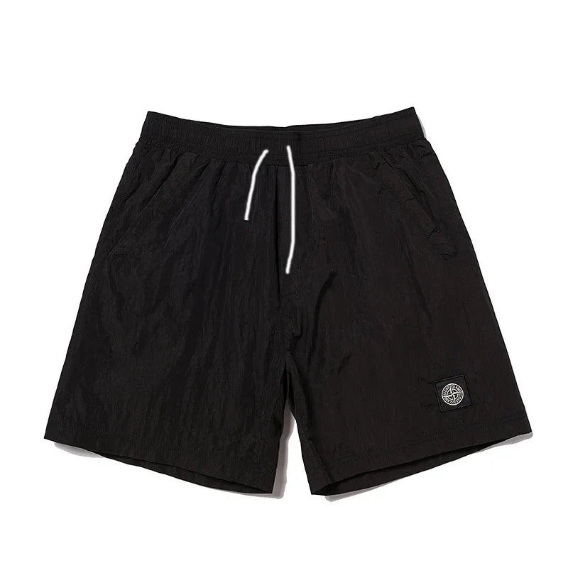 Black men’s sports casual shorts with retro logo print, quick-dry and breathable fabric, elastic waistband, and drawstring for adjustable fit